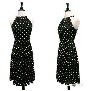 Chic Black and White Polka Dot Halter Midi Dress